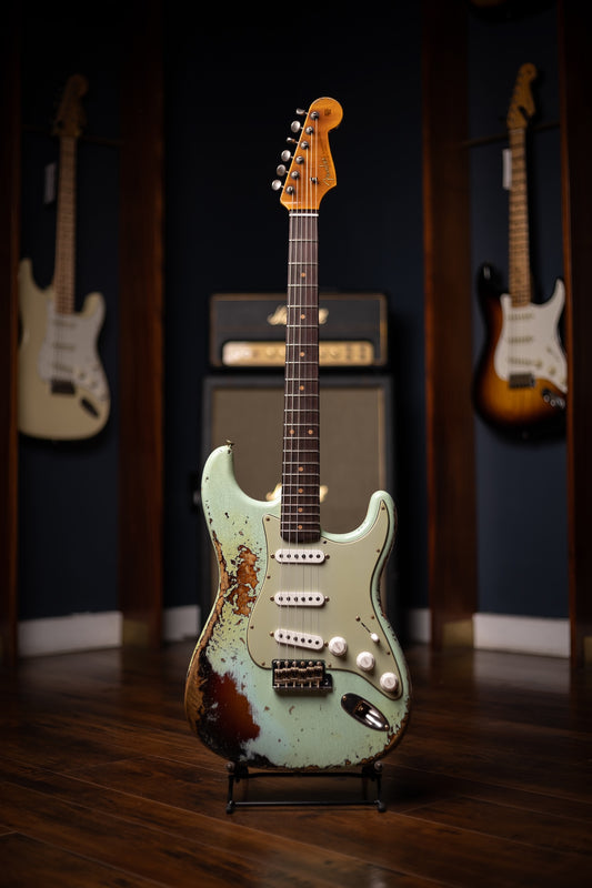 Fender Custom Shop 1961 Stratocaster Super Heavy Relic, 3A Rosewood Fingerboard Electric Guitar - Aged Surf Green over 3-Color Sunburst