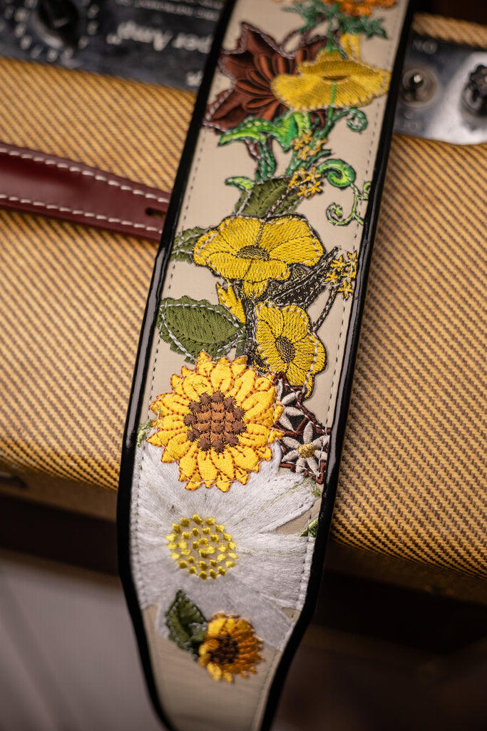 Jodi Head 3" Leather Sunflowers, Daiseys W/ Brocade Guitar Strap