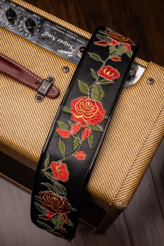 Jodi Head 3" Black Leather W/ Stella Roses Guitar Strap