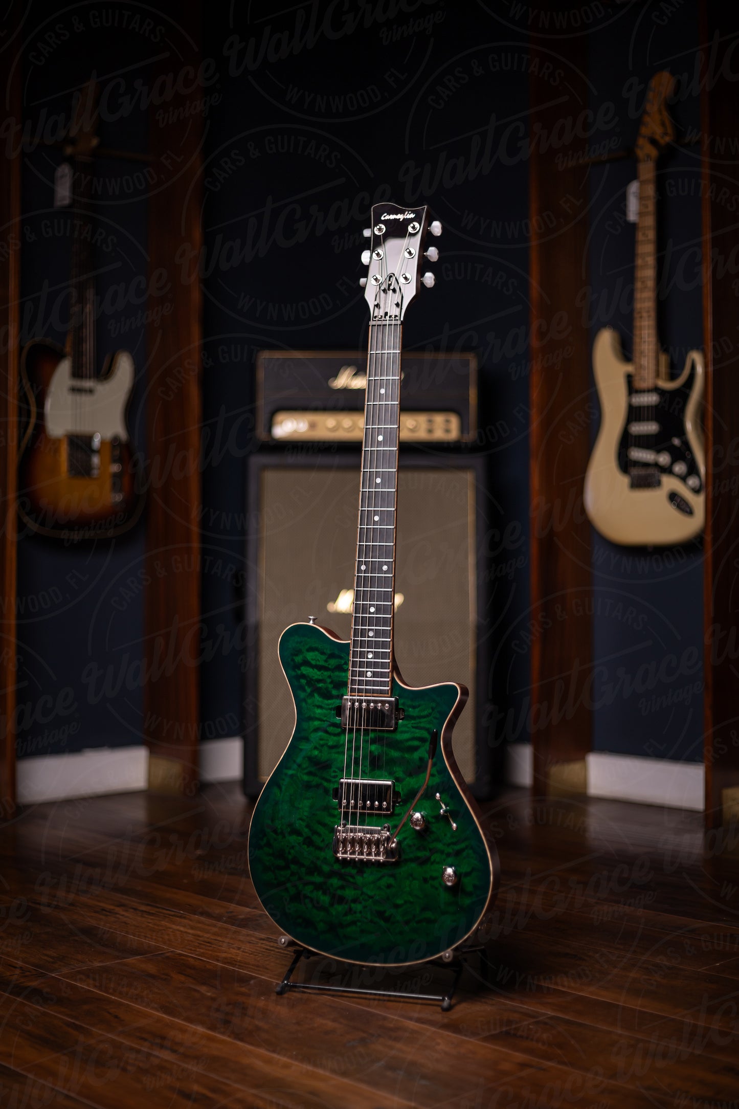 Carneglia Sublime Quilted Top Electric Guitar with Ebony Fretboard - Green Burst with Lambo Matte back