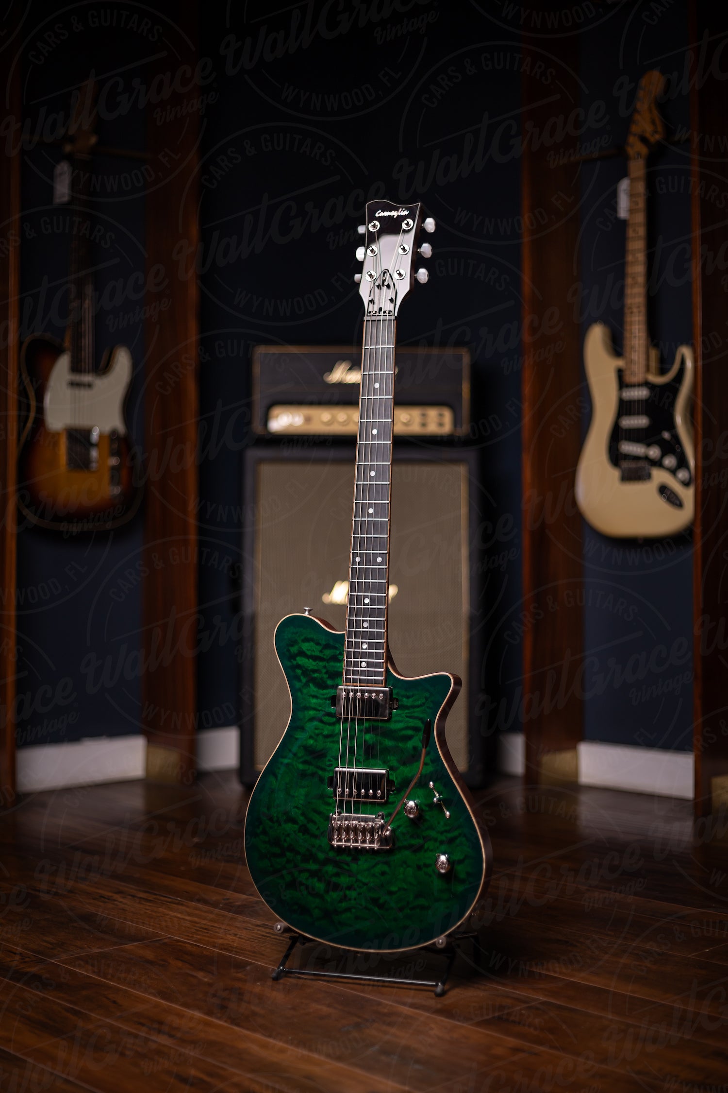 Carneglia Sublime Quilted Top Electric Guitar with Ebony Fretboard - Green Burst with Lambo Matte back