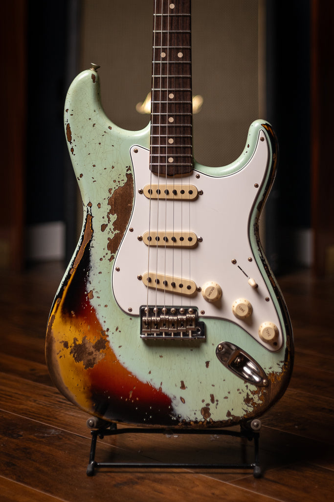 Fender Custom Shop 1963 Stratocaster Electric Guitar - Surf Green over 3-color Sunburst, Super Heavy Relic