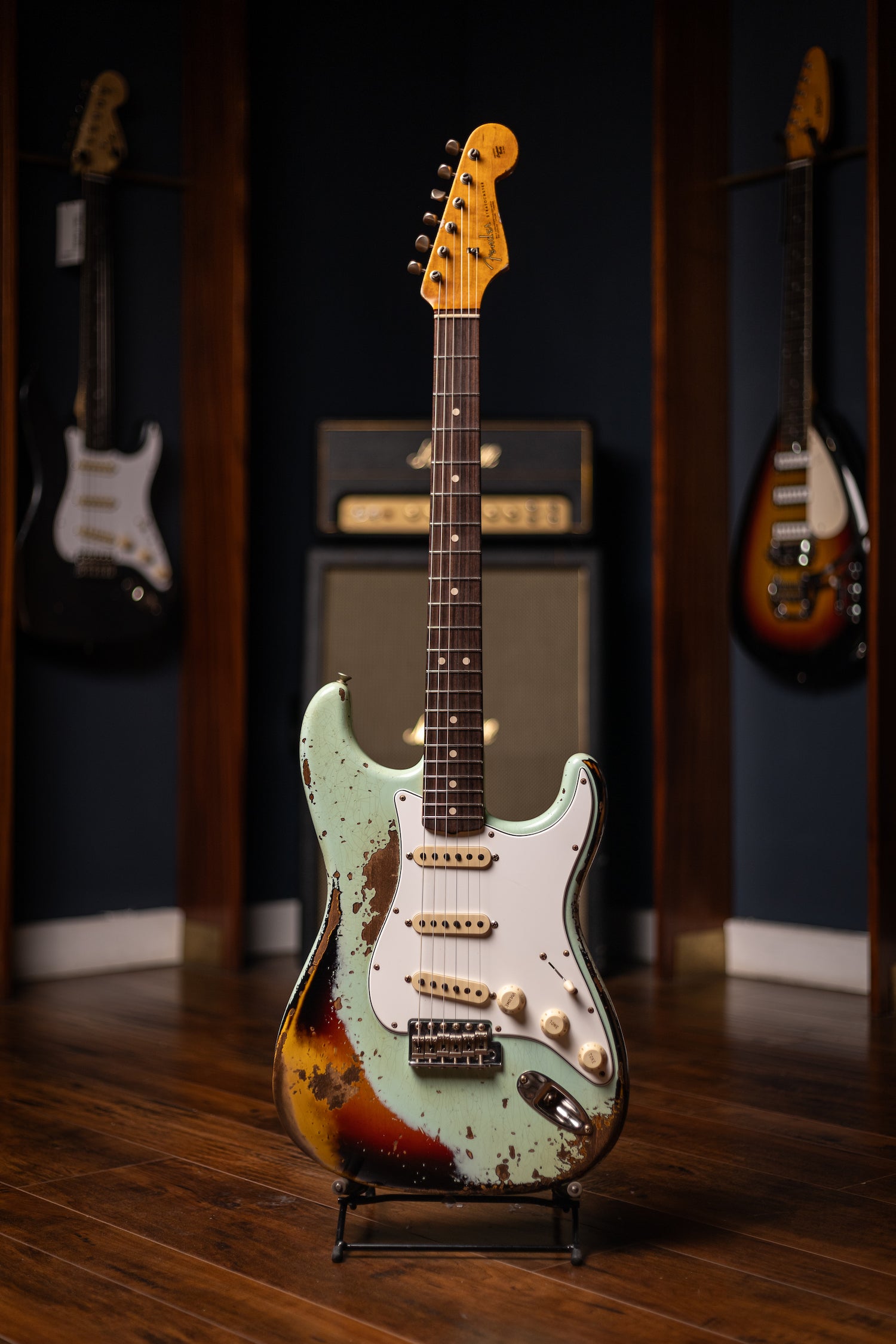 Fender Custom Shop 1963 Stratocaster Electric Guitar - Surf Green over 3-color Sunburst, Super Heavy Relic