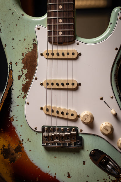 Fender Custom Shop 1963 Stratocaster Electric Guitar - Surf Green over 3-color Sunburst, Super Heavy Relic