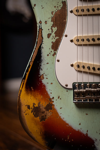 Fender Custom Shop 1963 Stratocaster Electric Guitar - Surf Green over 3-color Sunburst, Super Heavy Relic