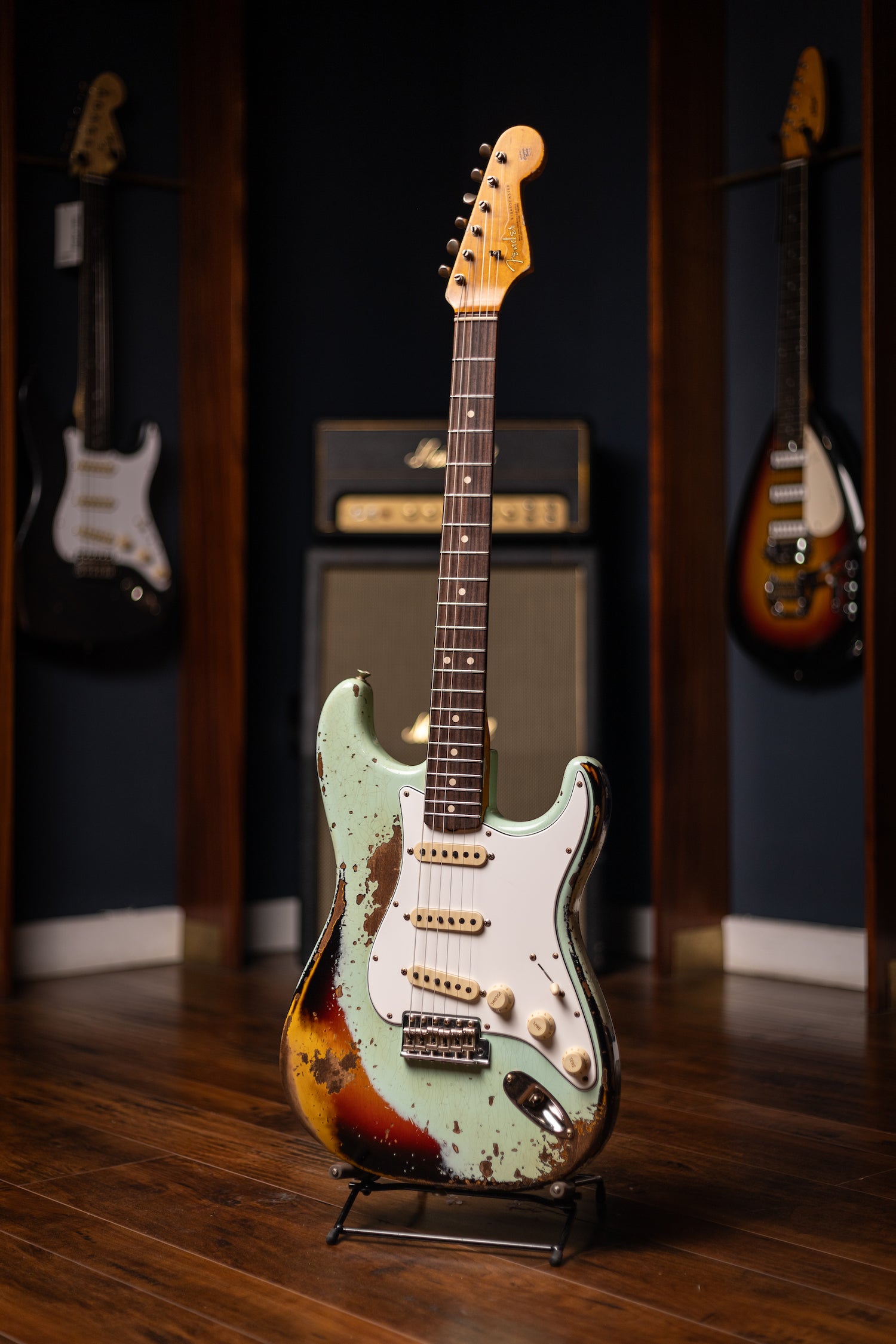Fender Custom Shop 1963 Stratocaster Electric Guitar - Surf Green over 3-color Sunburst, Super Heavy Relic