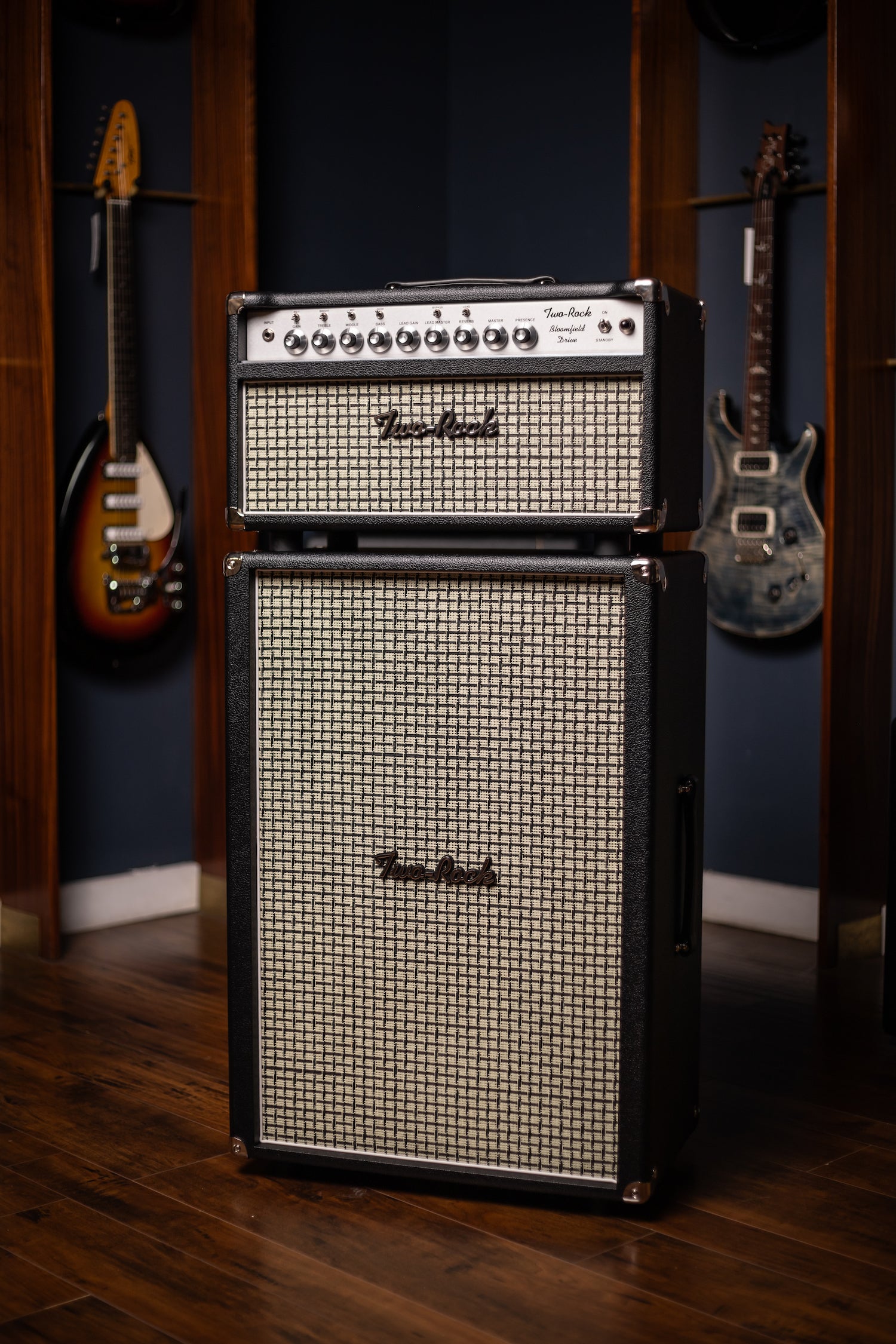 IN-STOCK! - Two-Rock Bloomfield Drive 100/50w Tube Head and Cabinet - Black Bronco Tolex, Large Checked Cloth, White Piping