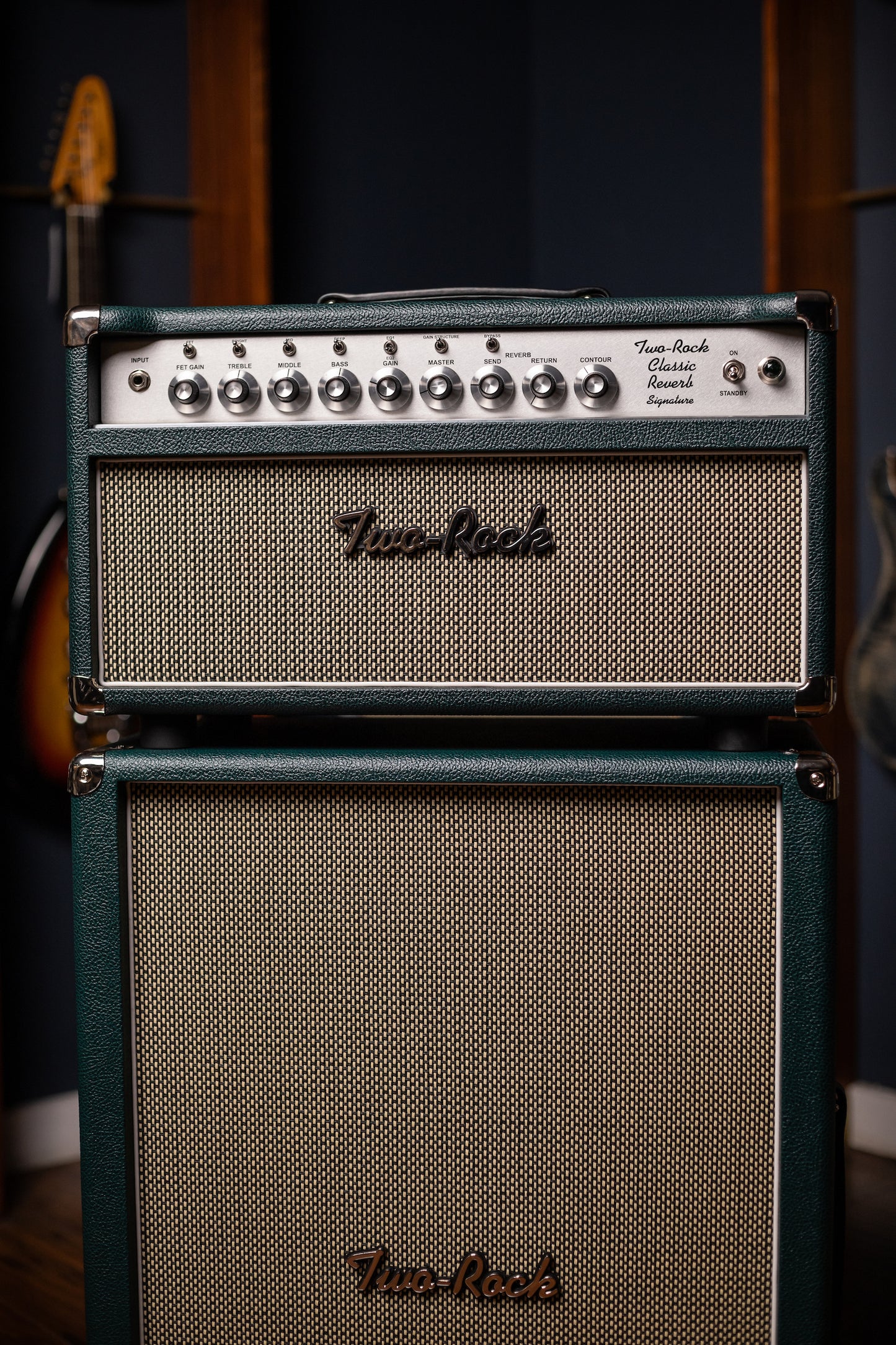 IN STOCK! Two-Rock Classic Reverb 100 Watt Head And 12-65B 2x12 Extension Cabinet - British Green, Salt & Pepper Cloth, White Piping