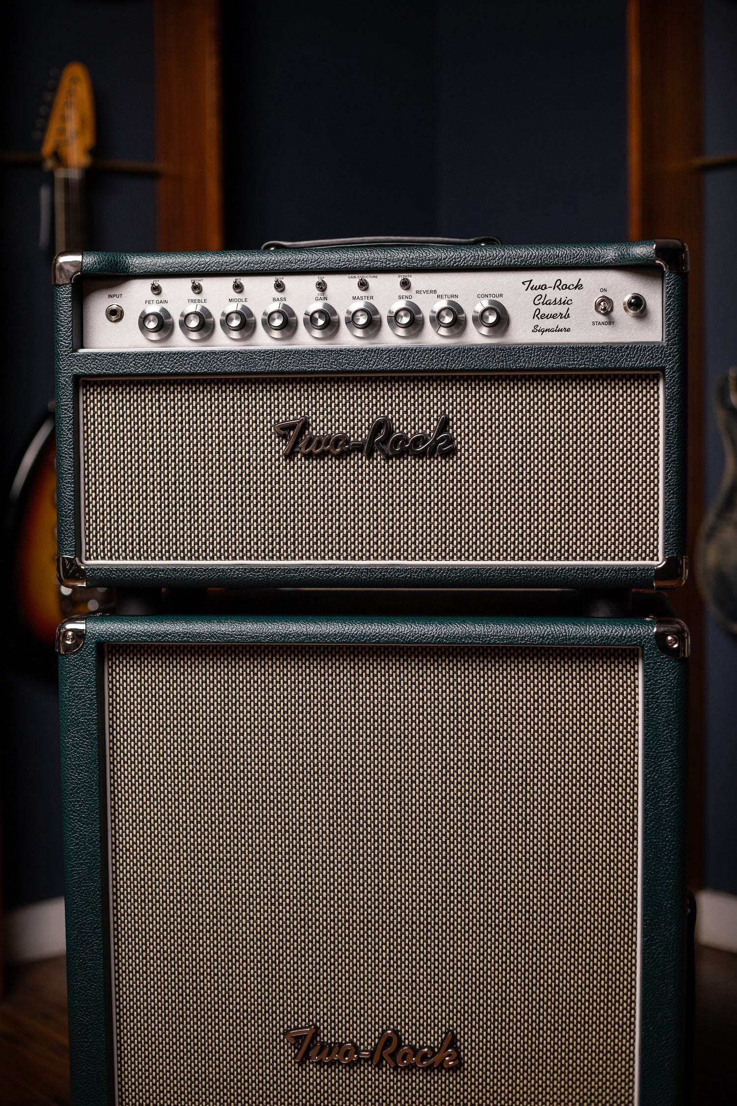 IN STOCK! Two-Rock Classic Reverb 100 Watt Head And 12-65B 2x12 Extension Cabinet - British Green, Salt & Pepper Cloth, White Piping