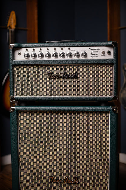 IN STOCK! Two-Rock Classic Reverb 100 Watt Head And 12-65B 2x12 Extension Cabinet - British Green, Salt & Pepper Cloth, White Piping