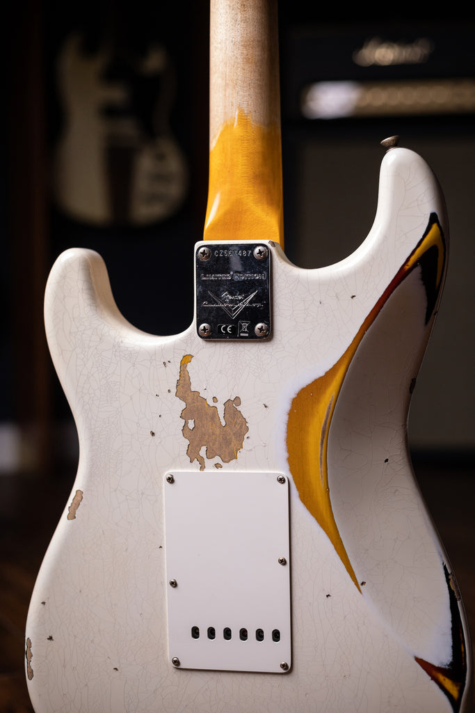 Fender Custom Shop Limited Edition 1962 Heavy Relic Stratocaster Electric Guitar - Aged Olympic White Over 3-Tone Sunburst