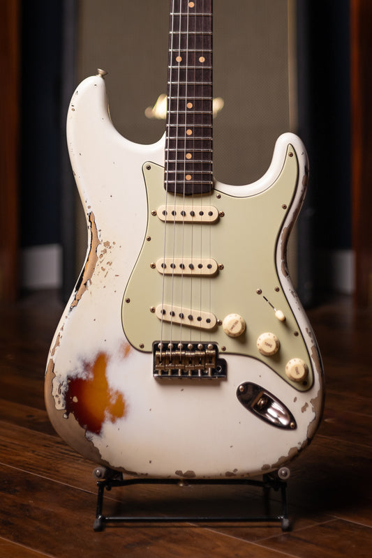 Fender Custom Shop 1960 Stratocaster Heavy Relic Electric Guitar - Aged Olympic White over 3-Color Sunburst