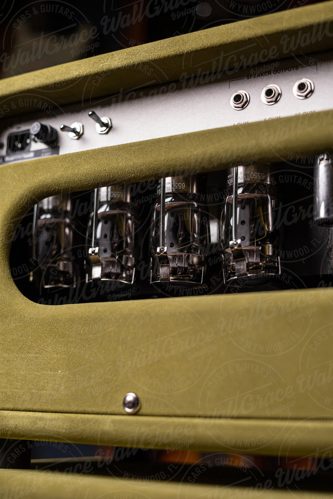 IN STOCK! Two-Rock Silver Sterling Signature 150w Tube Head and Cabinet (SSS Width) - Lowden Green Suede, Cane Grill, Buckskin Piping, Silver Skirt Knobs