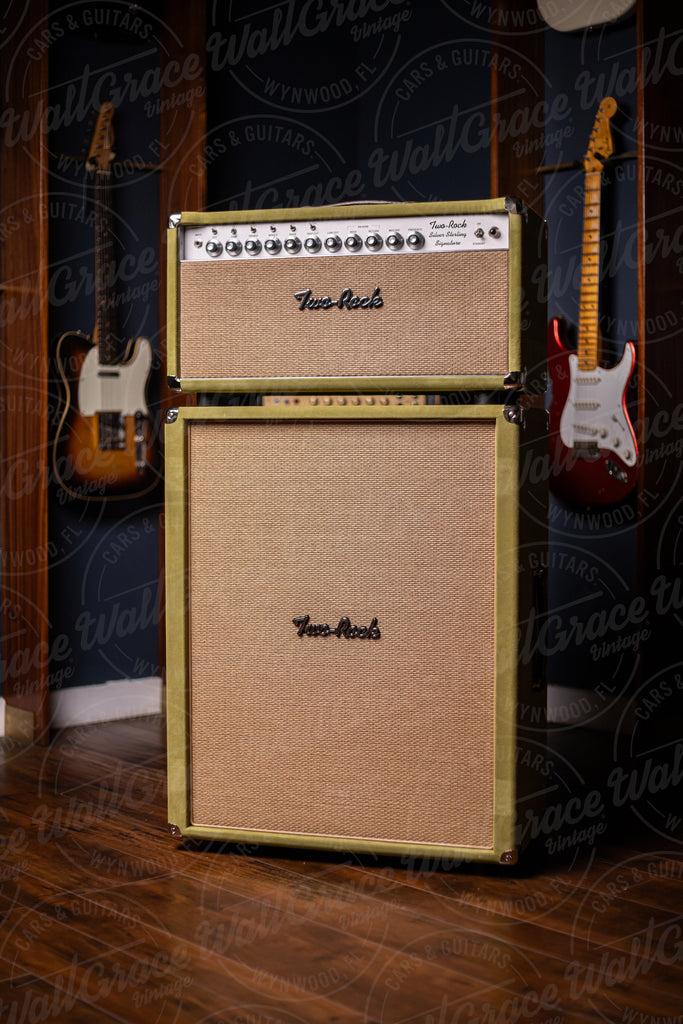 IN STOCK! Two-Rock Silver Sterling Signature 150w Tube Head and Cabinet (SSS Width) - Lowden Green Suede, Cane Grill, Buckskin Piping, Silver Skirt Knobs
