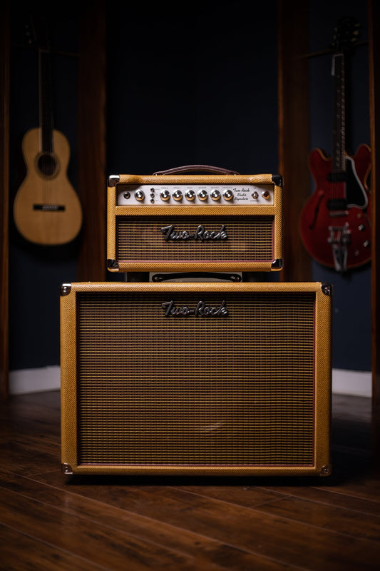 Two-Rock Studio Signature 35 Watt Tube Head and 12-65B 1x12 Extension Cabinet - Lacquered Tweed, Silver Chassis, Fender Style Oxblood Gold Stripe Grill, Black Knobs, Maroon Pipping