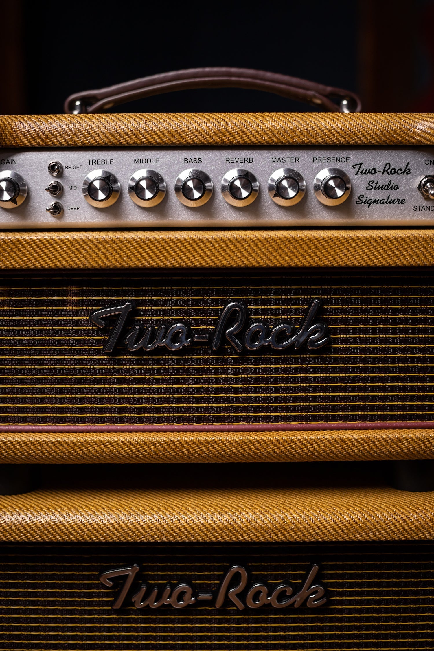 Two-Rock Studio Signature 35 Watt Tube Head and 12-65B 1x12 Extension Cabinet - Lacquered Tweed, Silver Chassis, Fender Style Oxblood Gold Stripe Grill, Black Knobs, Maroon Pipping
