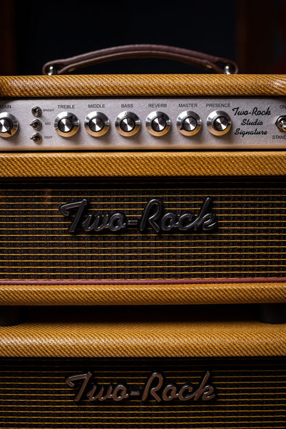 Two-Rock Studio Signature 35 Watt Tube Head and 12-65B 1x12 Extension Cabinet - Lacquered Tweed, Silver Chassis, Fender Style Oxblood Gold Stripe Grill, Black Knobs, Maroon Pipping