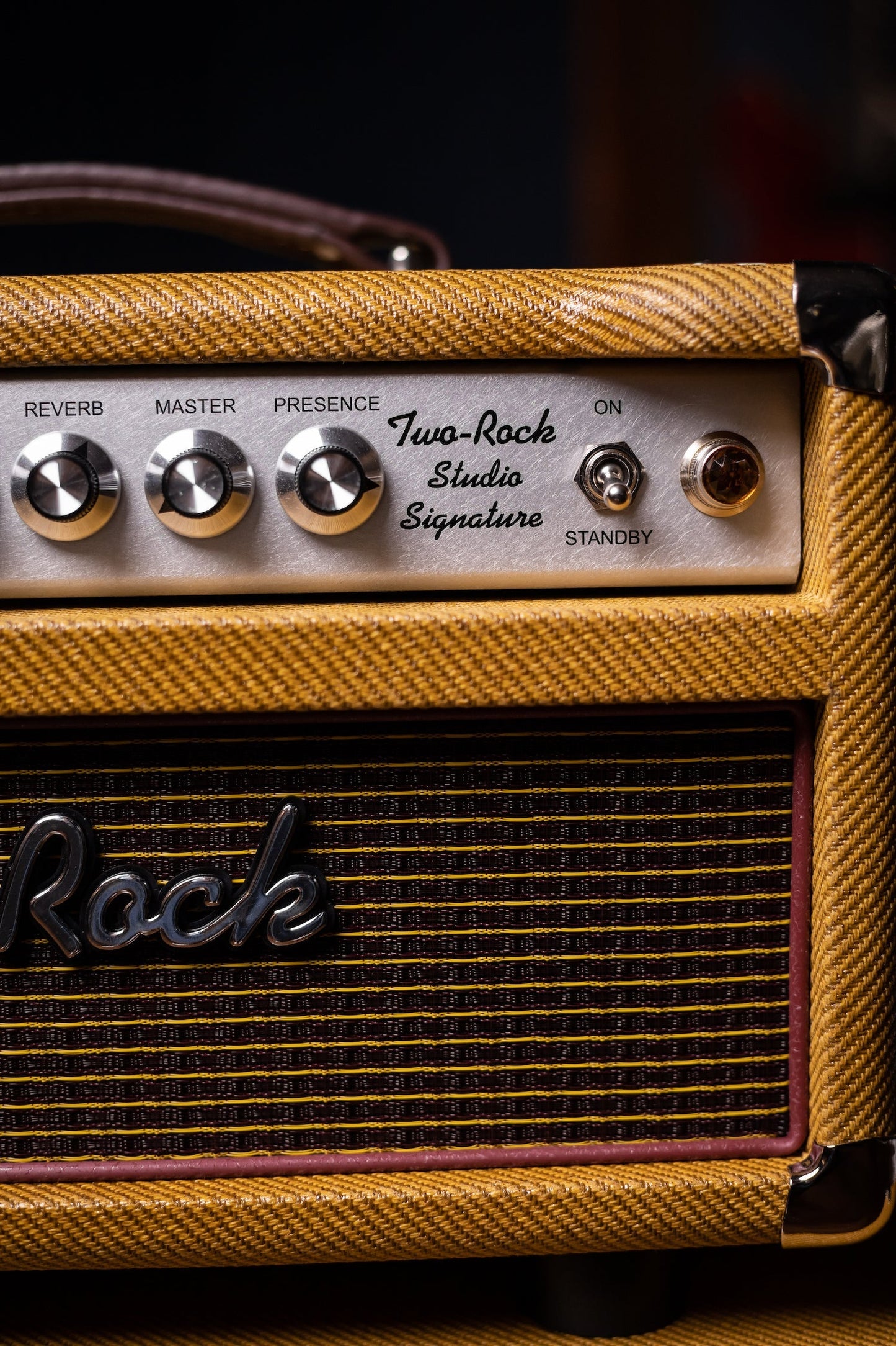 Two-Rock Studio Signature 35 Watt Tube Head and 12-65B 1x12 Extension Cabinet - Lacquered Tweed, Silver Chassis, Fender Style Oxblood Gold Stripe Grill, Black Knobs, Maroon Pipping