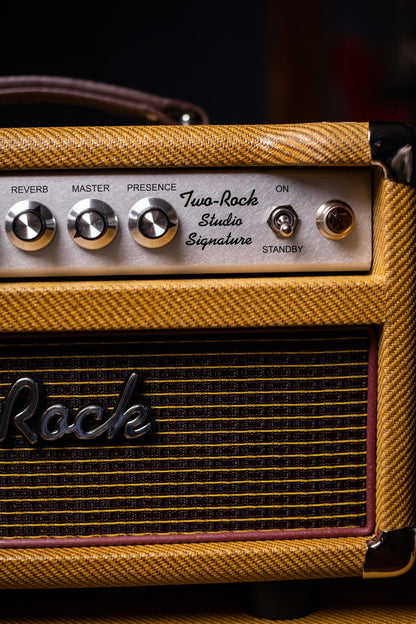 Two-Rock Studio Signature 35 Watt Tube Head and 12-65B 1x12 Extension Cabinet - Lacquered Tweed, Silver Chassis, Fender Style Oxblood Gold Stripe Grill, Black Knobs, Maroon Pipping