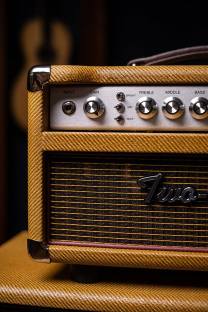 Two-Rock Studio Signature 35 Watt Tube Head and 12-65B 1x12 Extension Cabinet - Lacquered Tweed, Silver Chassis, Fender Style Oxblood Gold Stripe Grill, Black Knobs, Maroon Pipping