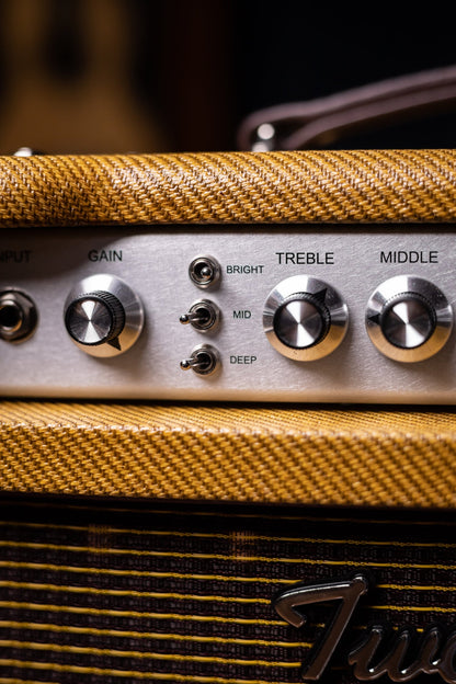 Two-Rock Studio Signature 35 Watt Tube Head and 12-65B 1x12 Extension Cabinet - Lacquered Tweed, Silver Chassis, Fender Style Oxblood Gold Stripe Grill, Black Knobs, Maroon Pipping