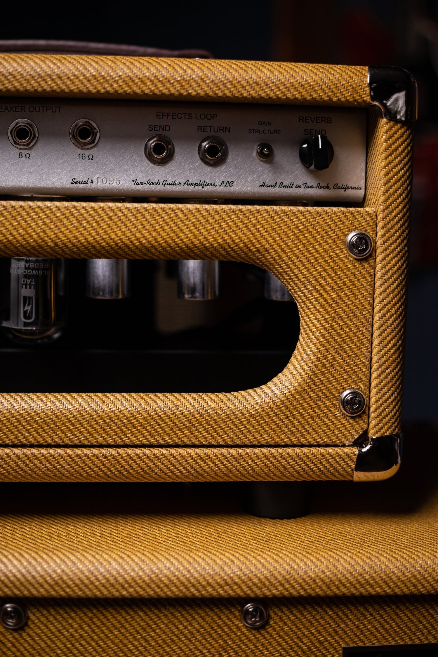 Two-Rock Studio Signature 35 Watt Tube Head and 12-65B 1x12 Extension Cabinet - Lacquered Tweed, Silver Chassis, Fender Style Oxblood Gold Stripe Grill, Black Knobs, Maroon Pipping