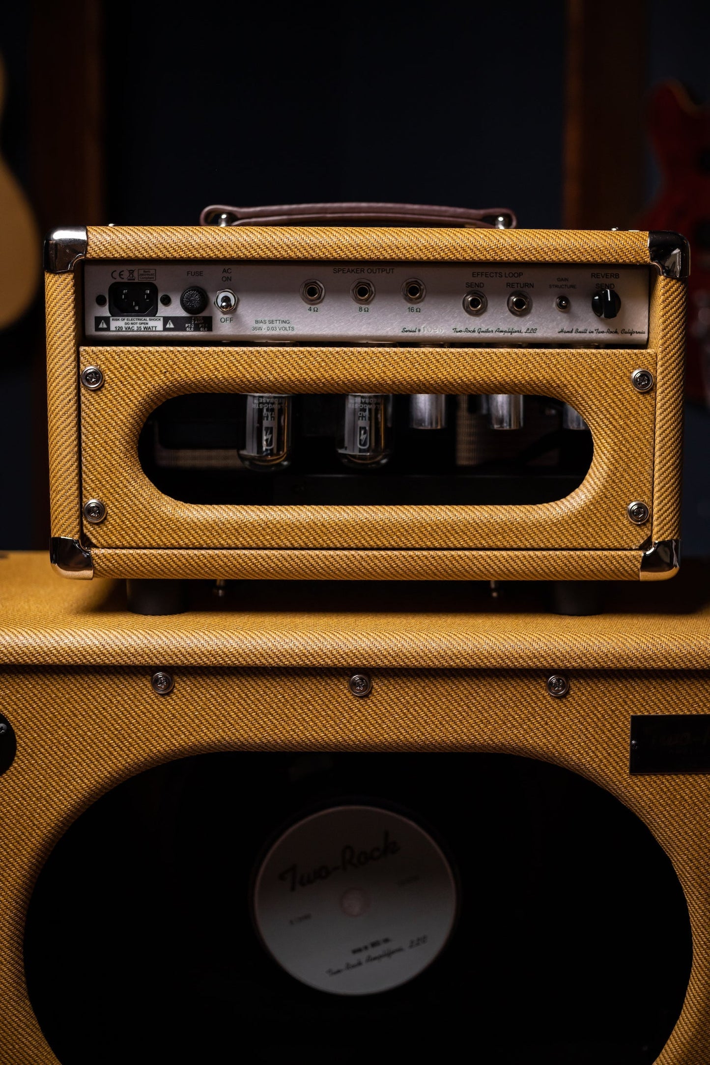 Two-Rock Studio Signature 35 Watt Tube Head and 12-65B 1x12 Extension Cabinet - Lacquered Tweed, Silver Chassis, Fender Style Oxblood Gold Stripe Grill, Black Knobs, Maroon Pipping