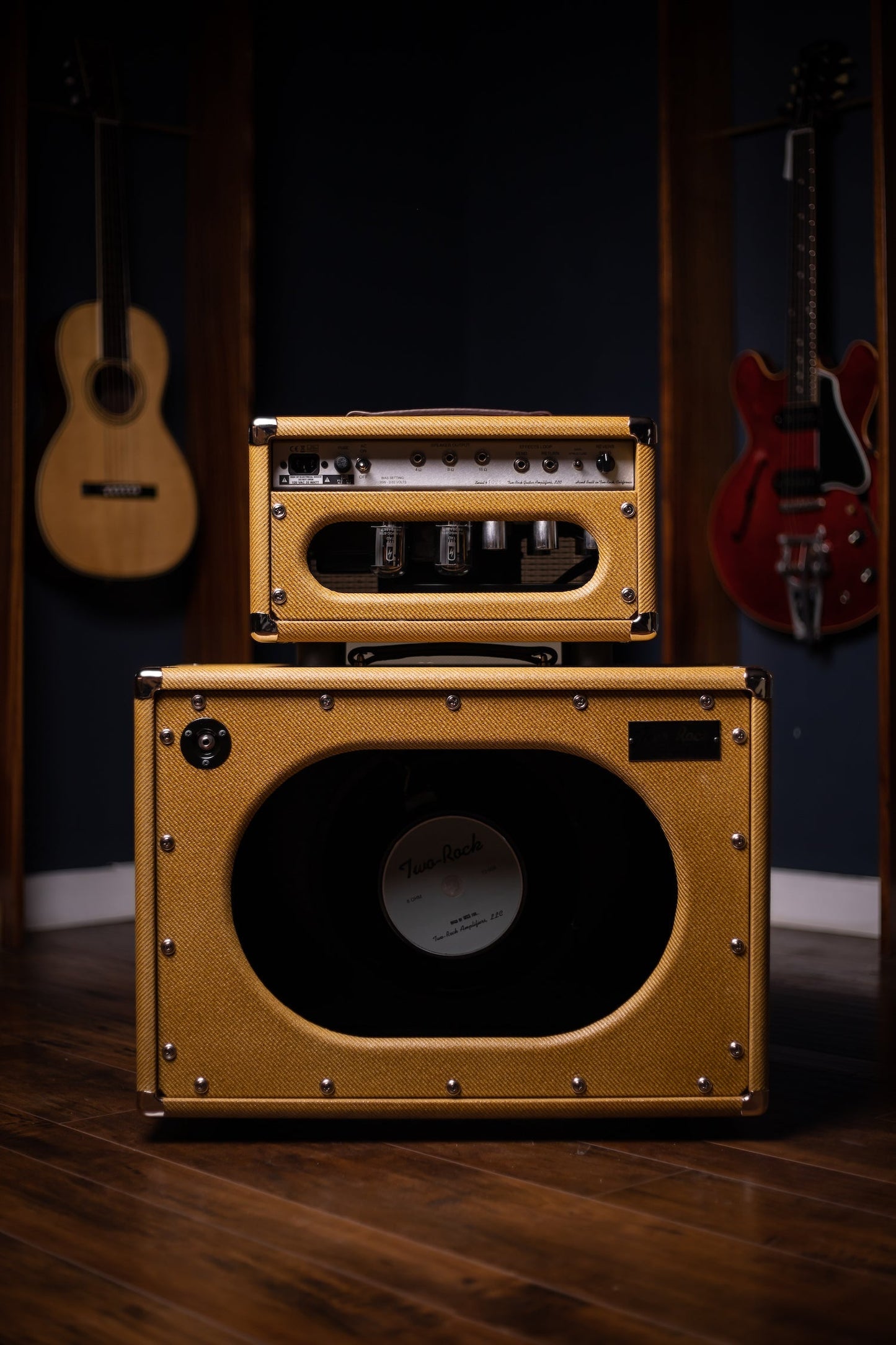 Two-Rock Studio Signature 35 Watt Tube Head and 12-65B 1x12 Extension Cabinet - Lacquered Tweed, Silver Chassis, Fender Style Oxblood Gold Stripe Grill, Black Knobs, Maroon Pipping