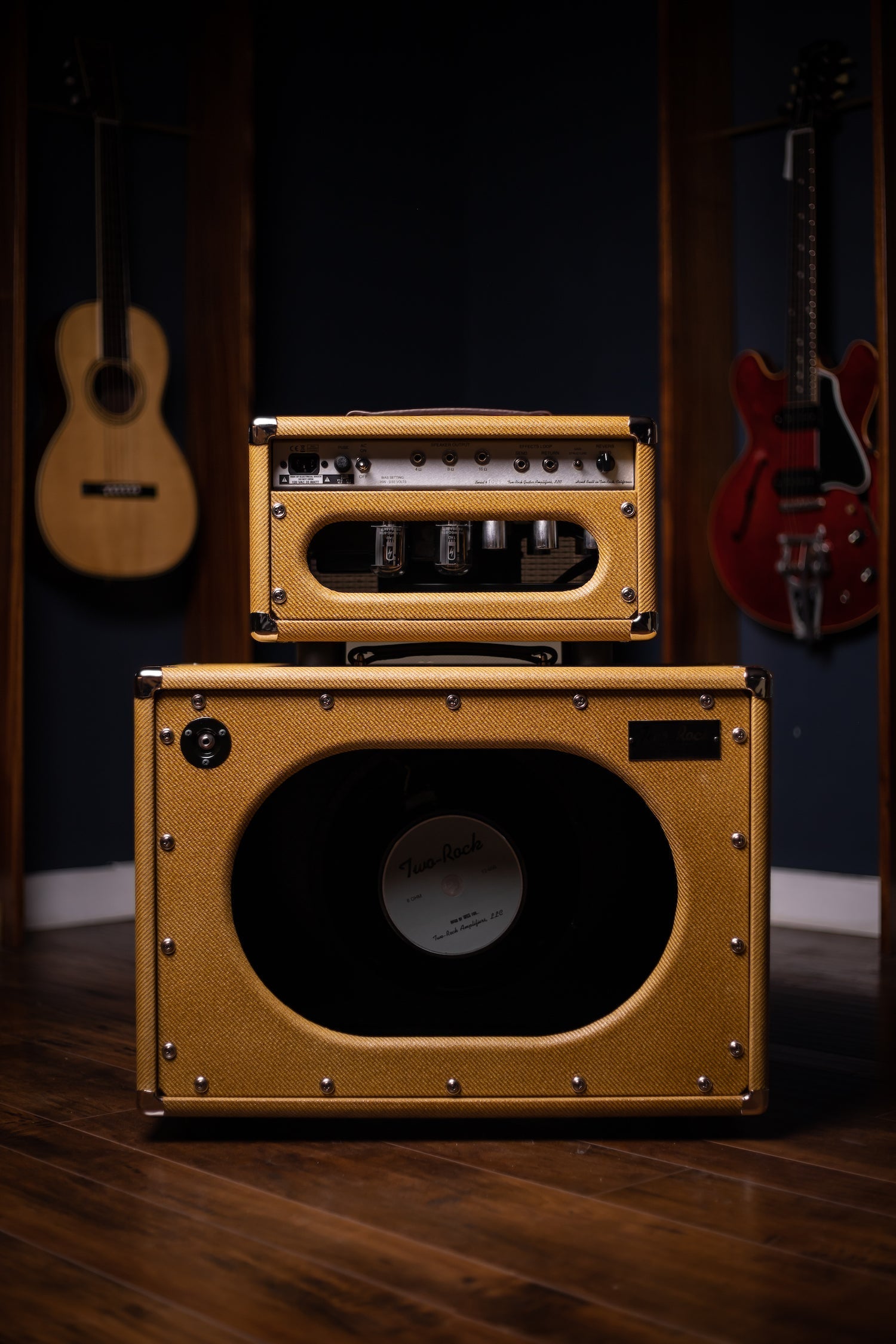 Two-Rock Studio Signature 35 Watt Tube Head and 12-65B 1x12 Extension Cabinet - Lacquered Tweed, Silver Chassis, Fender Style Oxblood Gold Stripe Grill, Black Knobs, Maroon Pipping