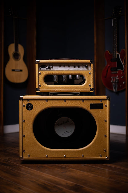 Two-Rock Studio Signature 35 Watt Tube Head and 12-65B 1x12 Extension Cabinet - Lacquered Tweed, Silver Chassis, Fender Style Oxblood Gold Stripe Grill, Black Knobs, Maroon Pipping