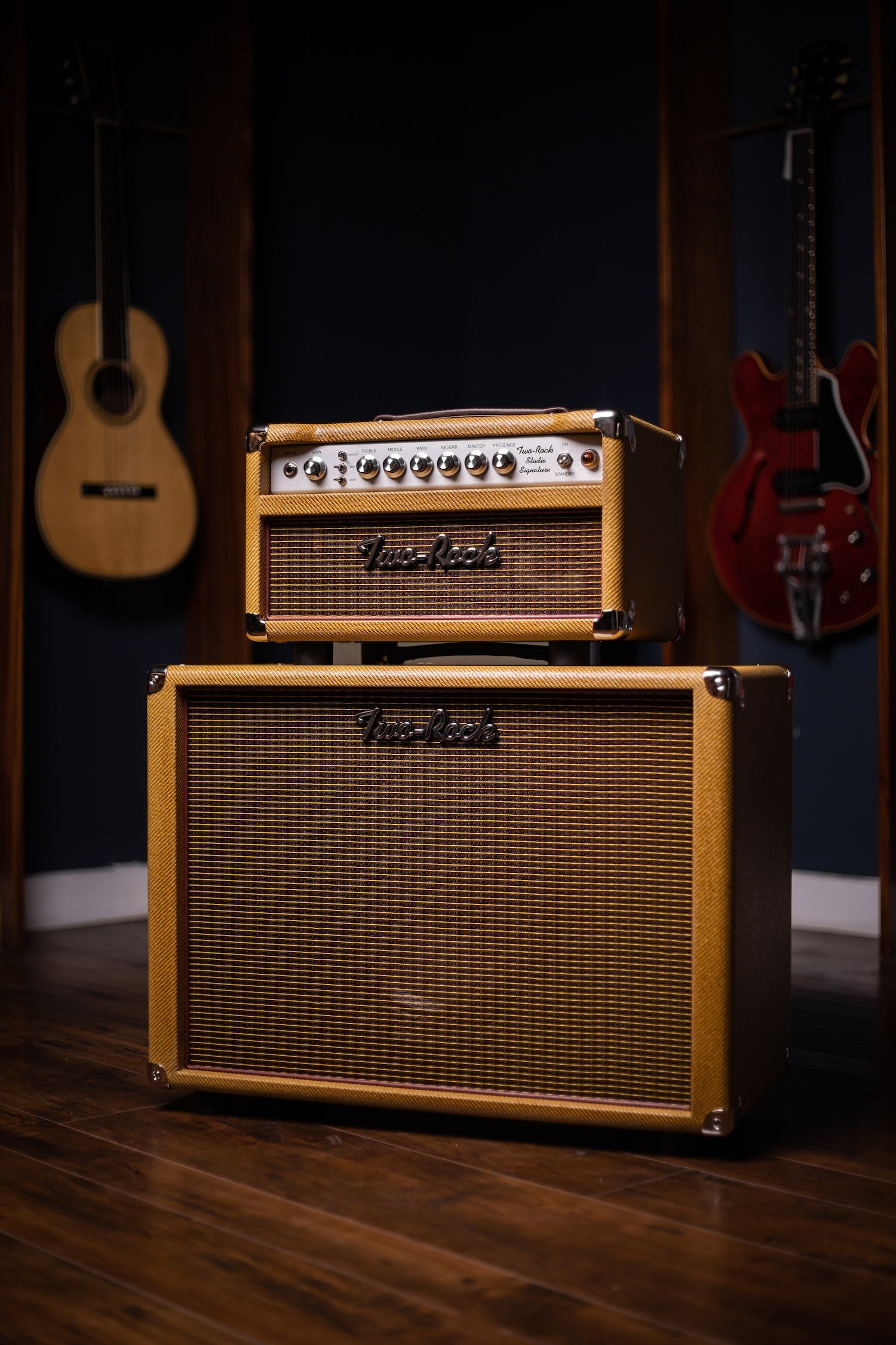 Two-Rock Studio Signature 35 Watt Tube Head and 12-65B 1x12 Extension Cabinet - Lacquered Tweed, Silver Chassis, Fender Style Oxblood Gold Stripe Grill, Black Knobs, Maroon Pipping