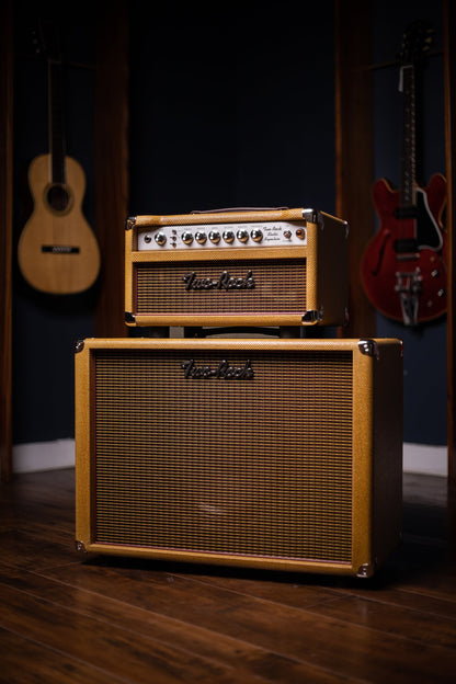 Two-Rock Studio Signature 35 Watt Tube Head and 12-65B 1x12 Extension Cabinet - Lacquered Tweed, Silver Chassis, Fender Style Oxblood Gold Stripe Grill, Black Knobs, Maroon Pipping