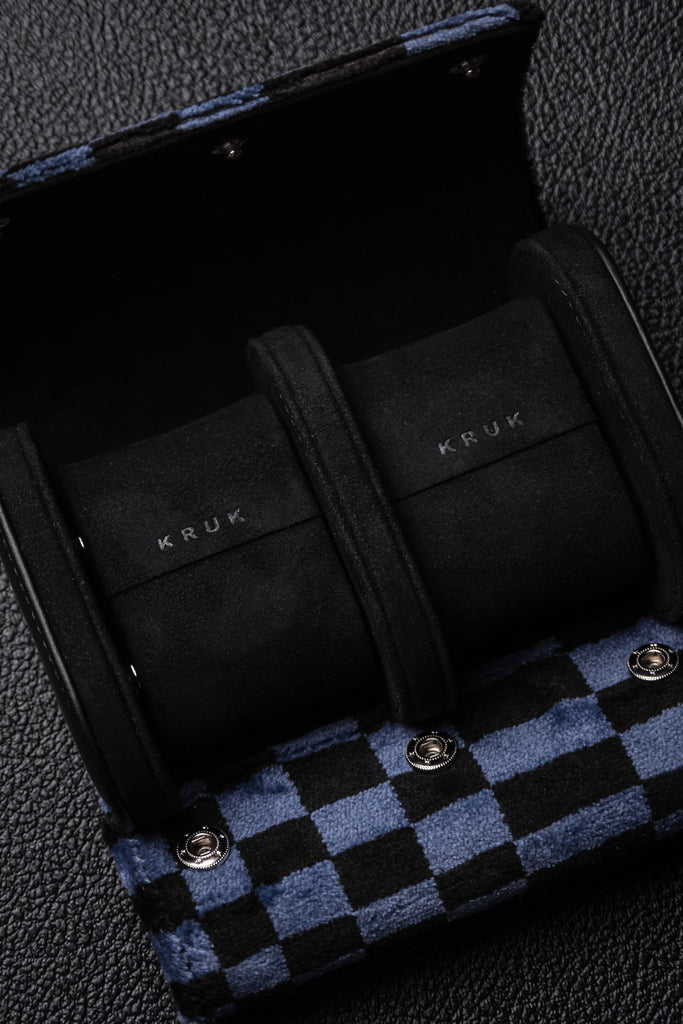 KRUK Black And Blue Double Watch Travel & Storage Case With Chocolate Suede Lining