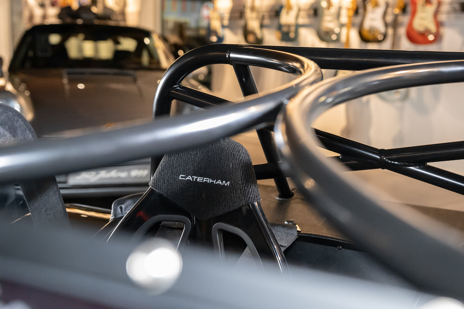 Close-up of a Caterham car seat with blurred background