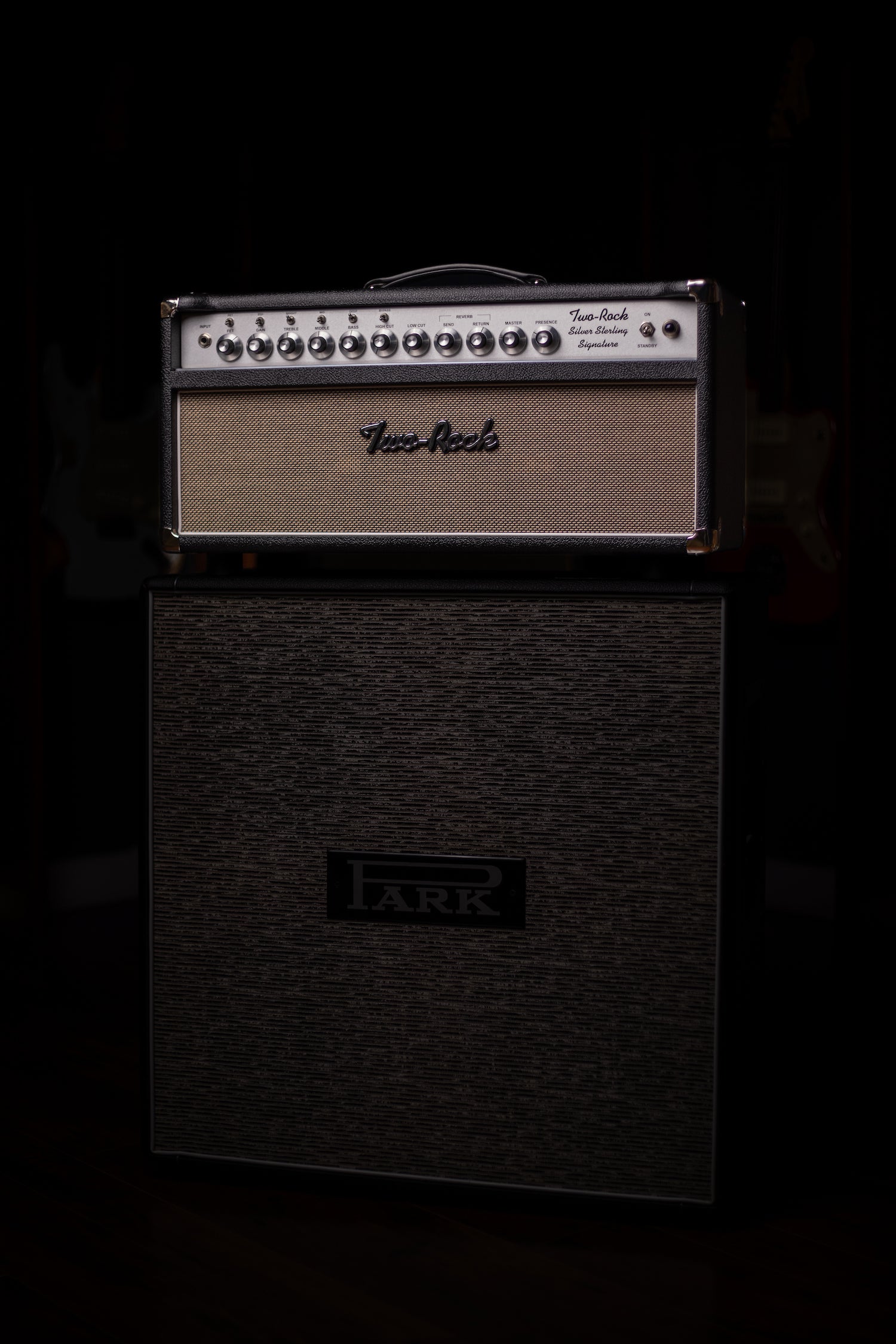 Two-Rock Silver Sterling Signature 100 Watt Head - Black Bronco, Aged British Black and Tan Cloth, White Piping, Silver Knobs