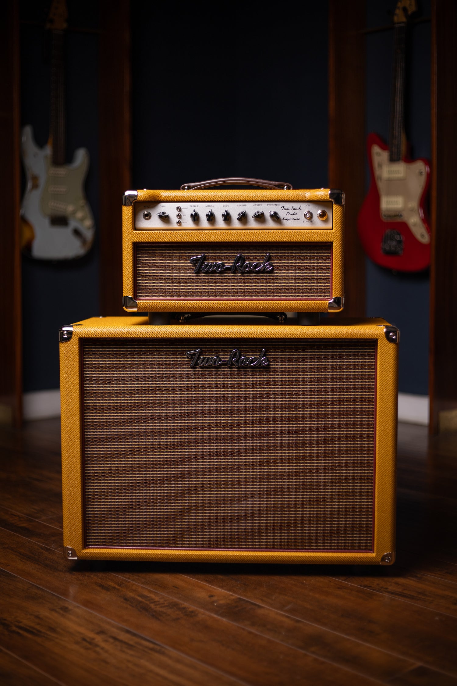 Two-Rock Studio Signature 120v Head and 1x12 Open Back 2R12 Speaker Cabinet - Amber Lacquered Tweed, Silver Anodized, Oxblood Stripe Cloth, Black Knobs, Maroon Pipping
