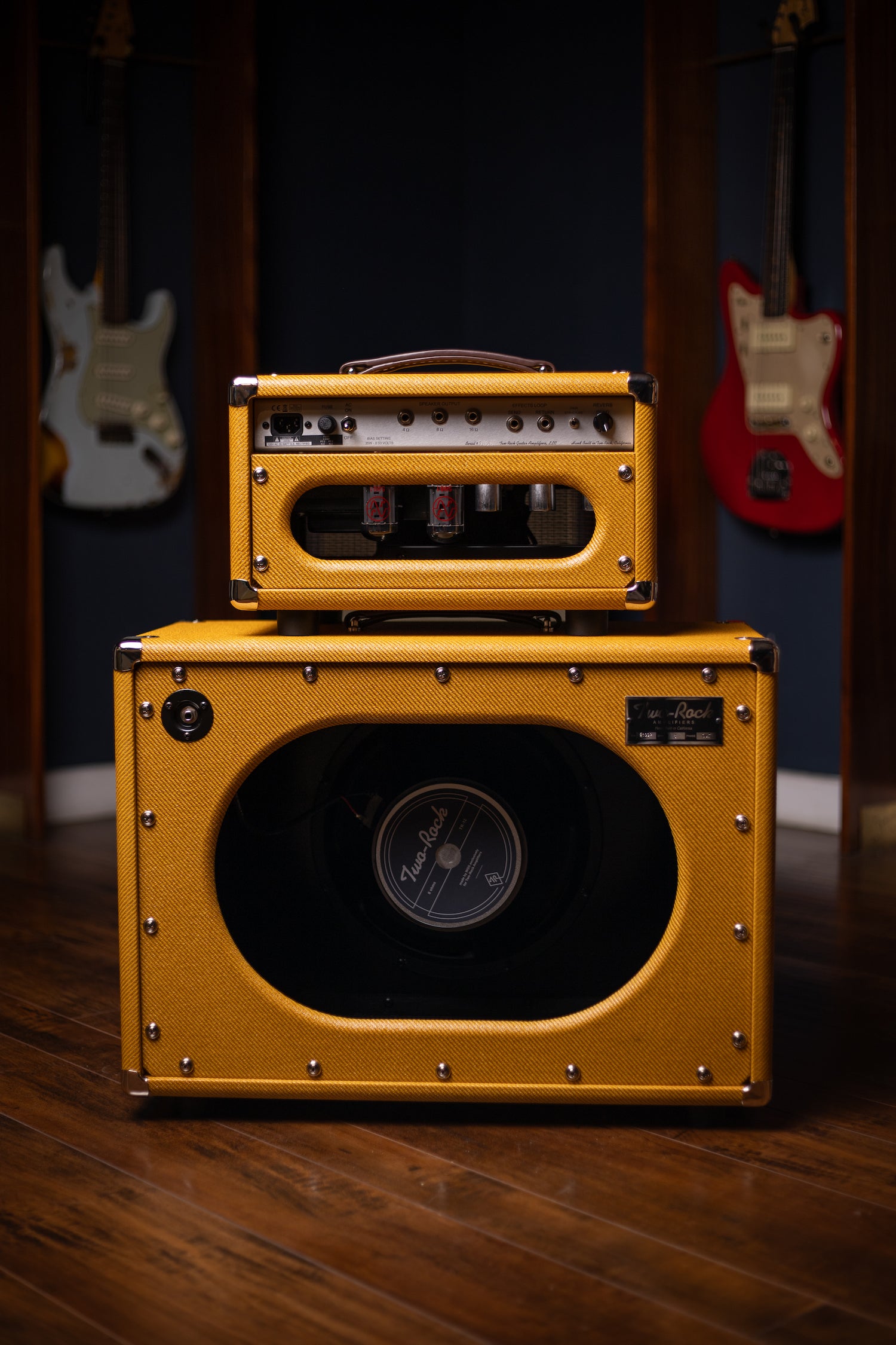 Two-Rock Studio Signature 120v Head and 1x12 Open Back 2R12 Speaker Cabinet - Amber Lacquered Tweed, Silver Anodized, Oxblood Stripe Cloth, Black Knobs, Maroon Pipping