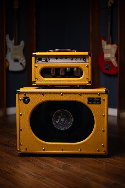 Two-Rock Studio Signature 120v Head and 1x12 Open Back 2R12 Speaker Cabinet - Amber Lacquered Tweed, Silver Anodized, Oxblood Stripe Cloth, Black Knobs, Maroon Pipping
