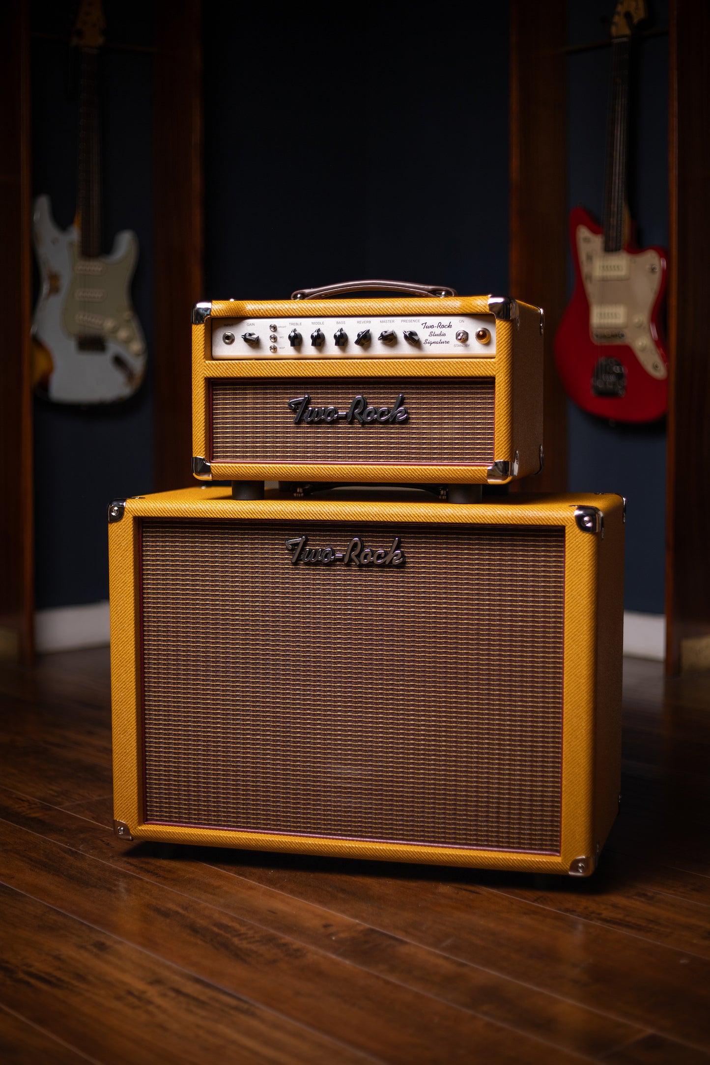 Two-Rock Studio Signature 120v Head and 1x12 Open Back 2R12 Speaker Cabinet - Amber Lacquered Tweed, Silver Anodized, Oxblood Stripe Cloth, Black Knobs, Maroon Pipping