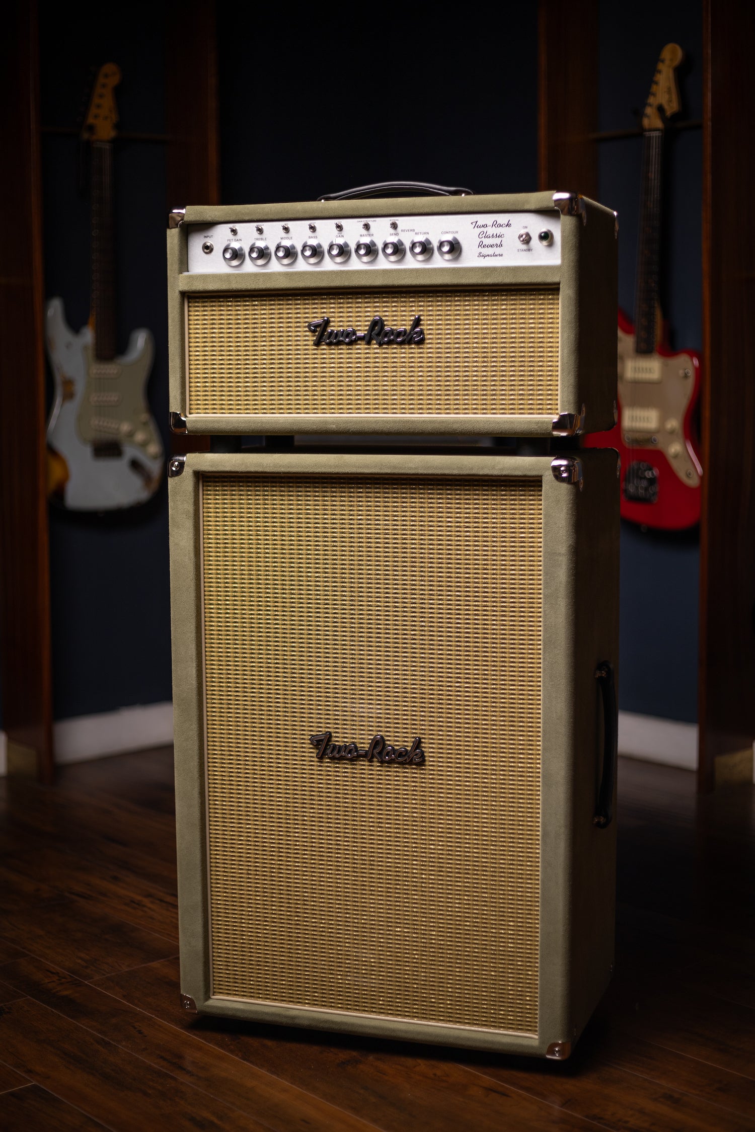 Two-Rock Classic Reverb Signature 100 Watt Head And TR12 Speaker 2x12 Extension Cabinet - Moss Green Suede, Vintage Gold Cloth, Beige Piping, Silver Anodize