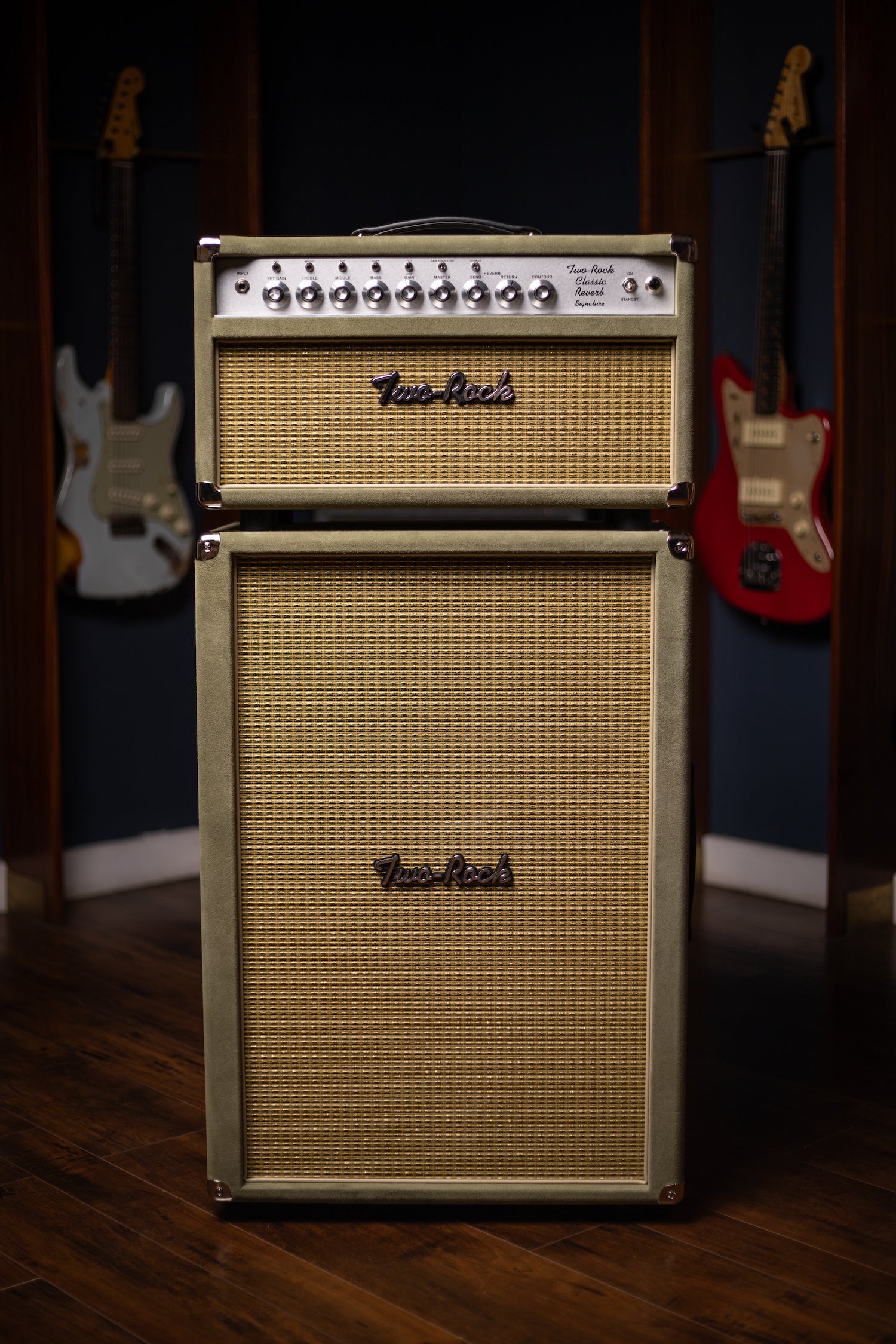 Two-Rock Classic Reverb Signature 100 Watt Head And TR12 Speaker 2x12 Extension Cabinet - Moss Green Suede, Vintage Gold Cloth, Beige Piping, Silver Anodize