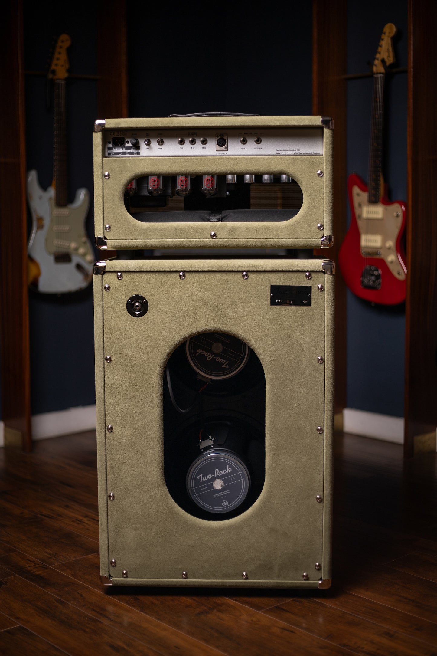 Two-Rock Classic Reverb Signature 100 Watt Head And TR12 Speaker 2x12 Extension Cabinet - Moss Green Suede, Vintage Gold Cloth, Beige Piping, Silver Anodize