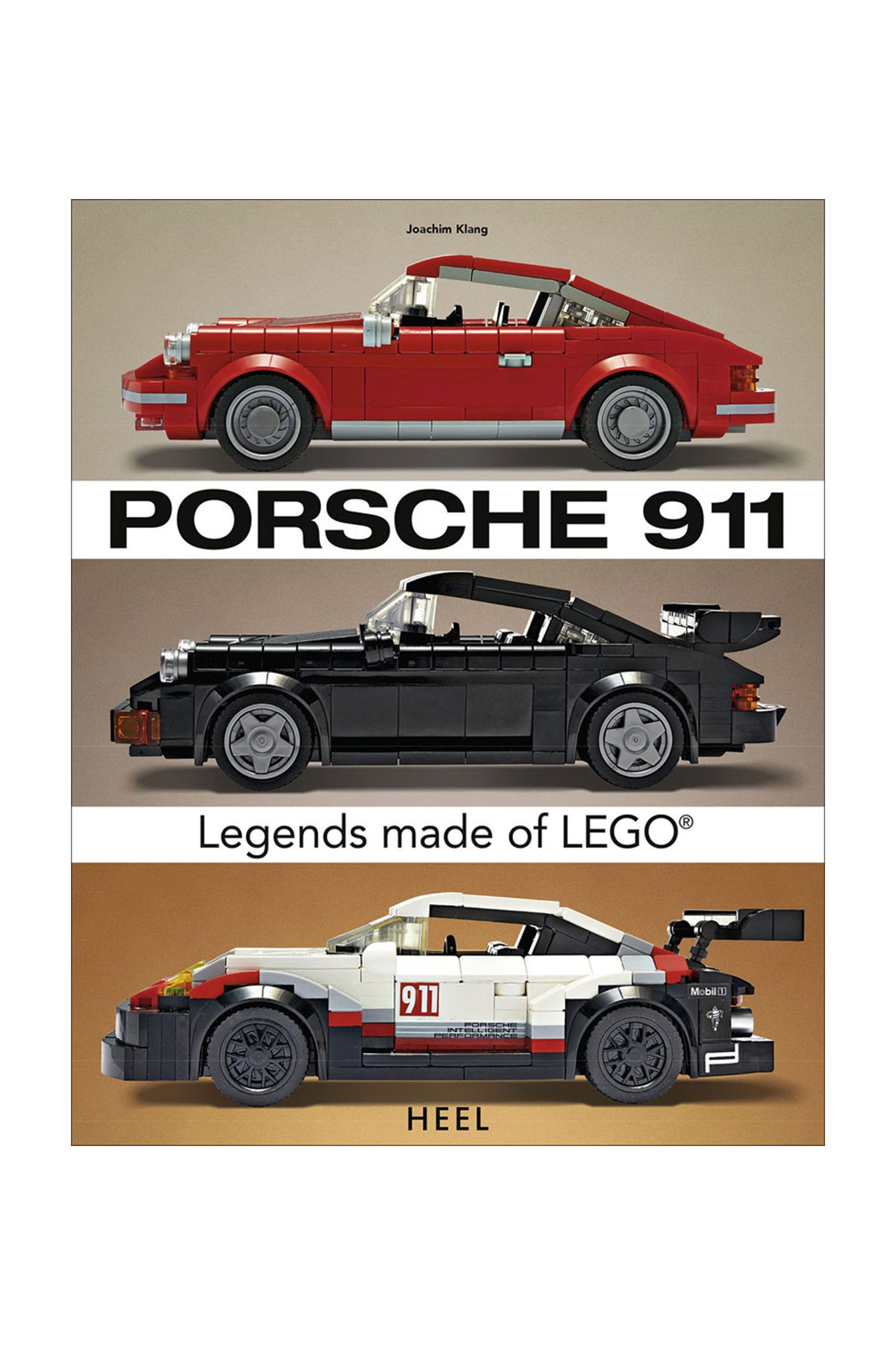 Book cover featuring three LEGO models of Porsche 911 cars on a beige background.