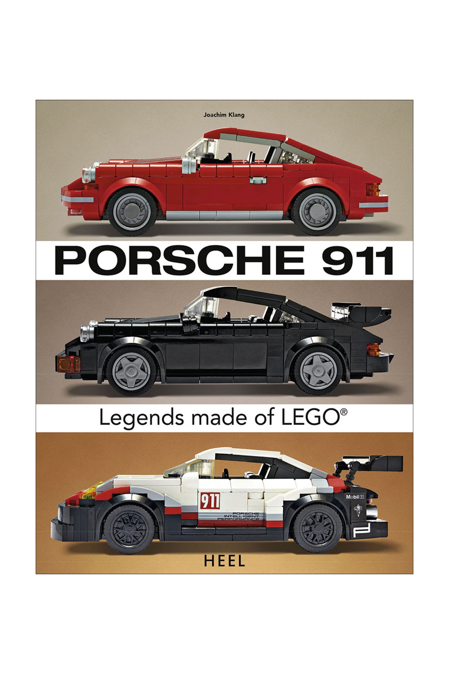 Book cover featuring three LEGO models of Porsche 911 cars on a beige background.