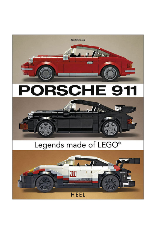 Book cover featuring three LEGO models of Porsche 911 cars on a beige background.