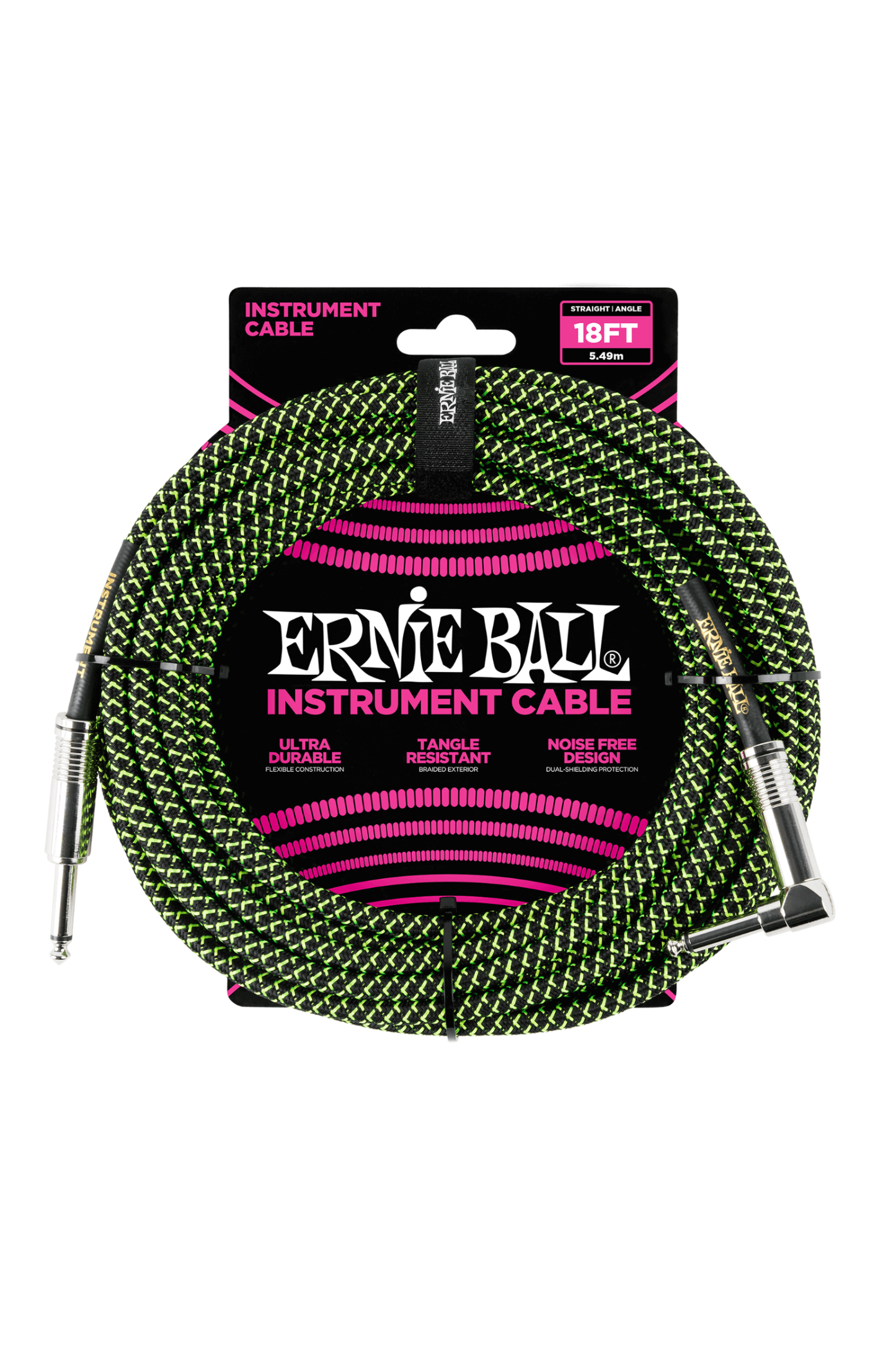 Ernie Ball Braided Instrument Cable 18' - Black/ Green