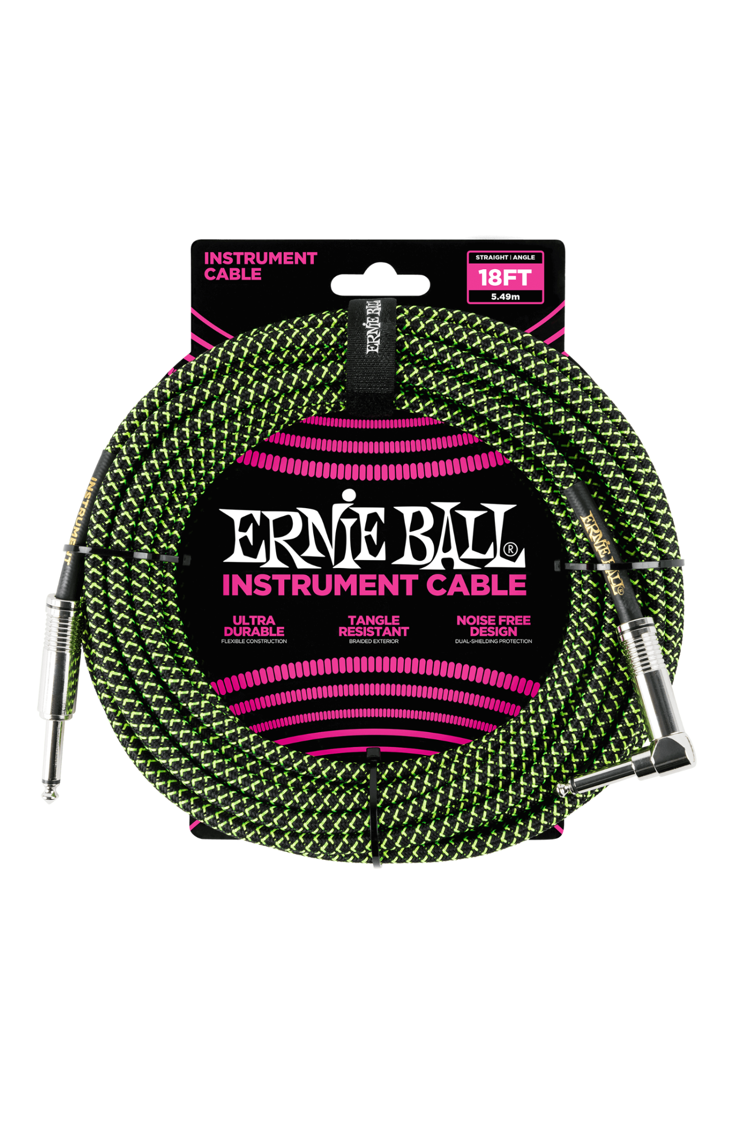 Ernie Ball Braided Instrument Cable 18' - Black/ Green