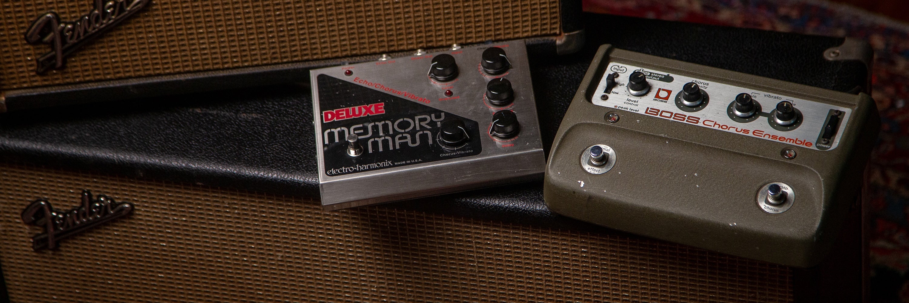 Vintage guitar pedals on top of amp at Walt Grace Vintage