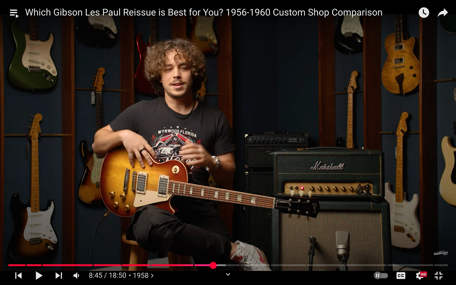 Screenshot of youtube video featuring Sebastian at Walt Grace Vintage jam room