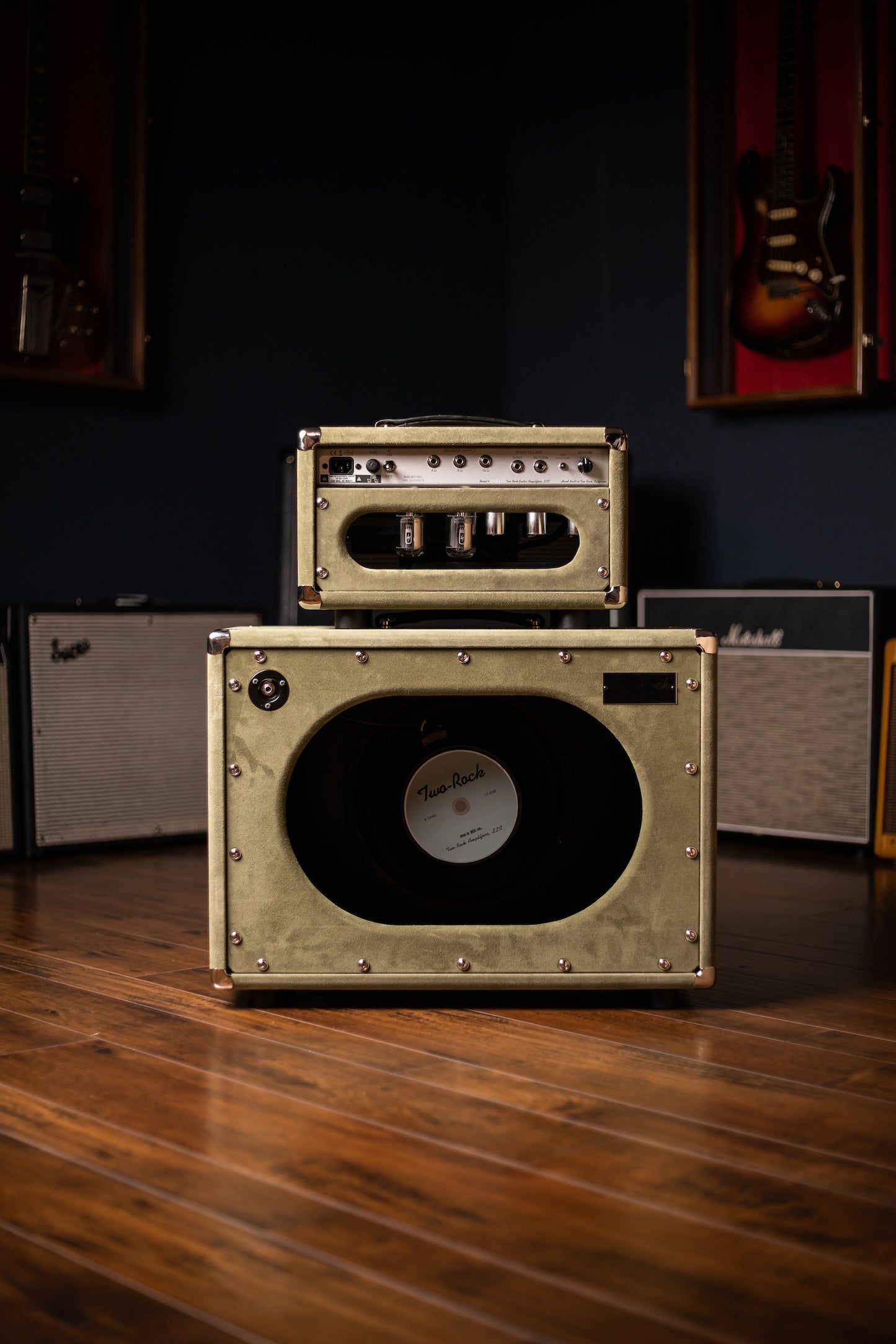 Two-Rock Studio Signature 35 Watt Tube Head and 12-65B 1x12 Extension Cabinet - Moss Green Suede, Silver Chassis, Vintage Gold Grill, Silver Knobs